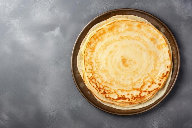 Thin pancakes or russian blini on gray background Generative AI