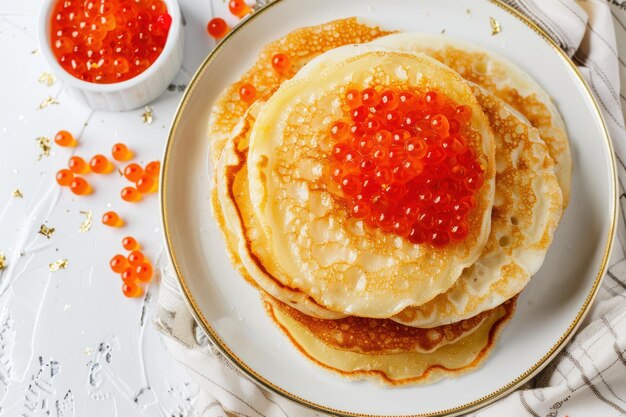 Thin pancakes or russian blini on white background Generative AI