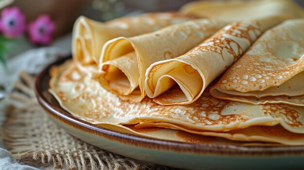 Photo thin pancakes traditional russian dish blini close up maslenitsa pancake week celebration