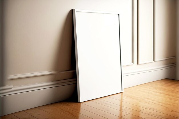 Thin picture frame mockup with black edging leaned against wall on parquet floor