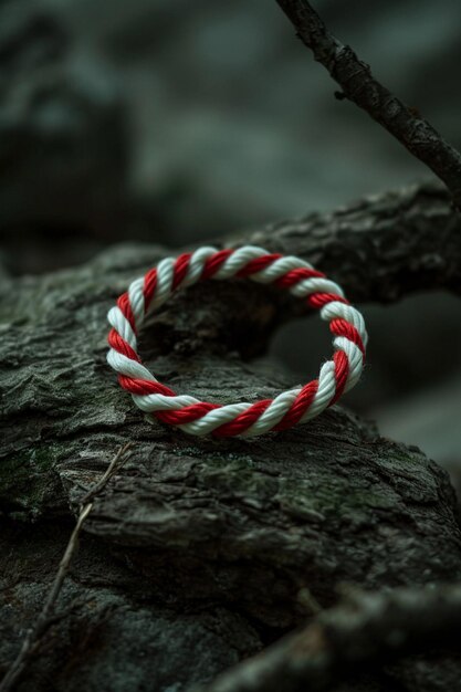 Photo thin red and white bands intertwined to create a martisor
