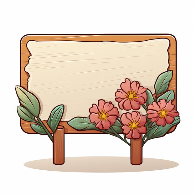 Photo thin sign single wooden base with flowers no message cartoon style white background