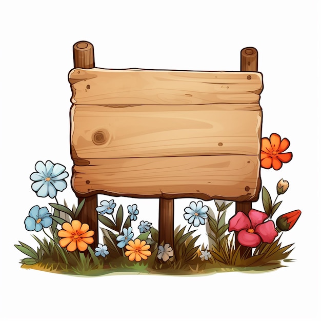 thin sign single wooden base with flowers no message cartoon style white background