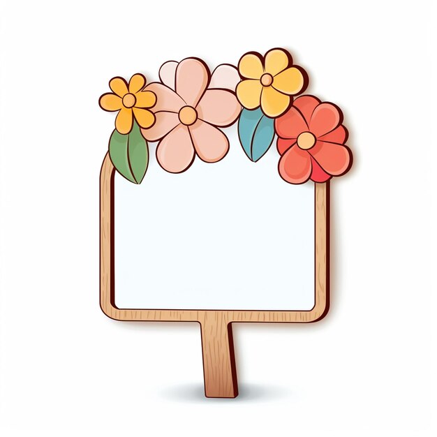 Photo thin sign single wooden base with flowers no message cartoon style white background