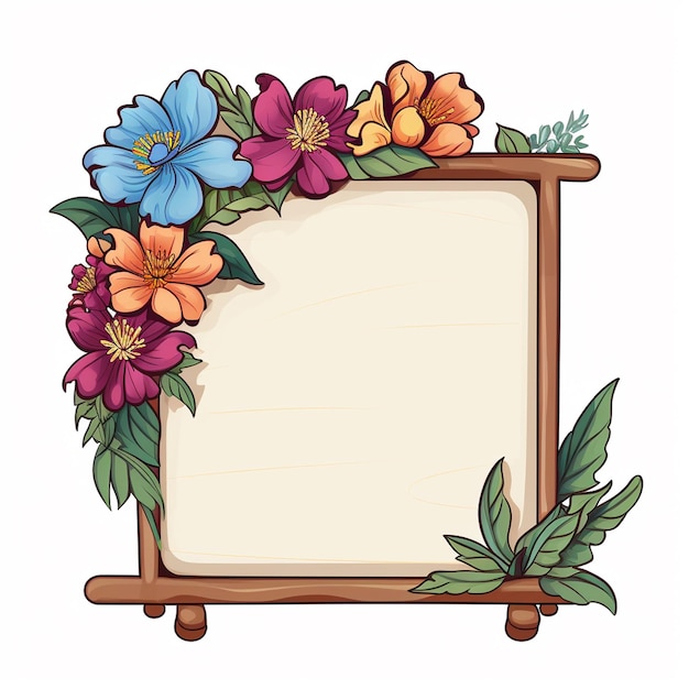 thin sign single wooden base with flowers no message cartoon style white background