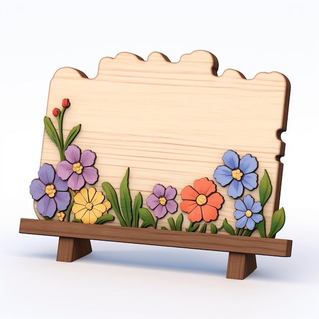 Photo thin sign single wooden base with flowers no message cartoon style white background