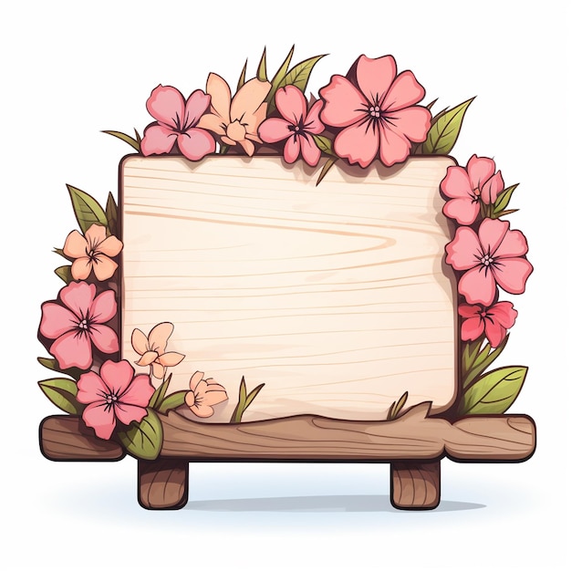 thin sign single wooden base with flowers no message cartoon style white background