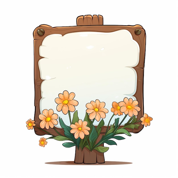 thin sign single wooden base with flowers no message cartoon style white background