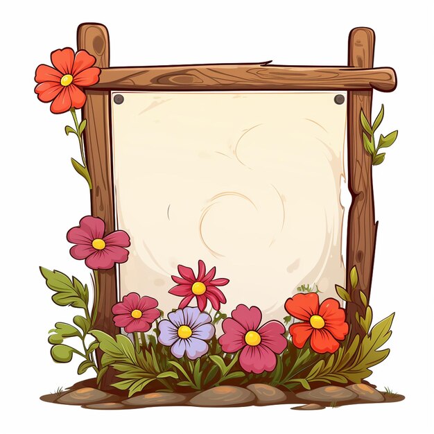 thin sign single wooden base with flowers no message cartoon style white background