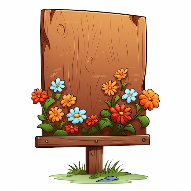 Photo thin sign single wooden base with flowers no message cartoon style white background