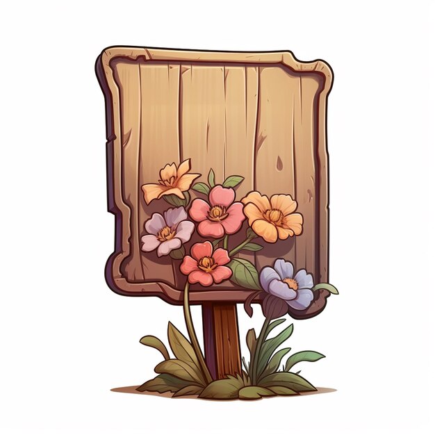 thin sign single wooden base with flowers no message cartoon style white background