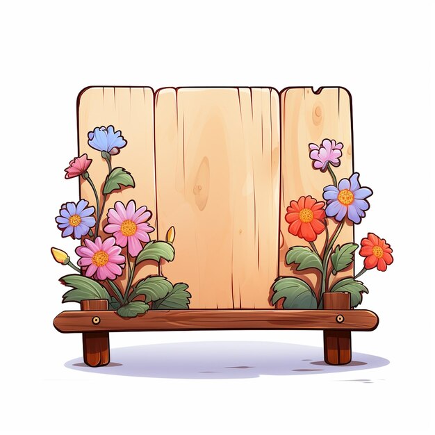 Photo thin sign single wooden base with flowers no message cartoon style white background