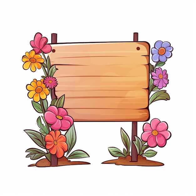 thin sign single wooden base with flowers no message cartoon style white background