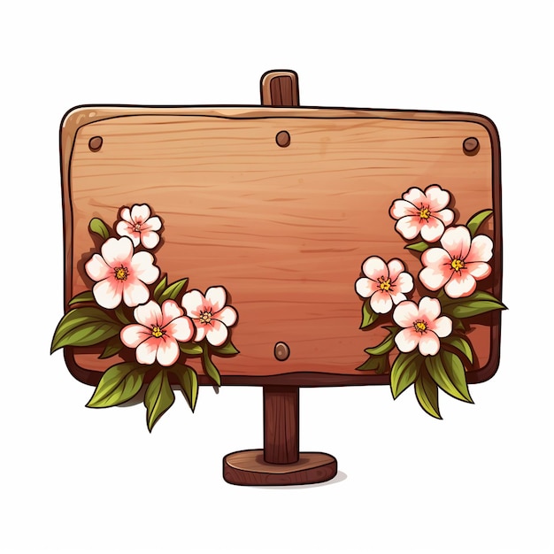 thin sign single wooden base with flowers no message cartoon style white background