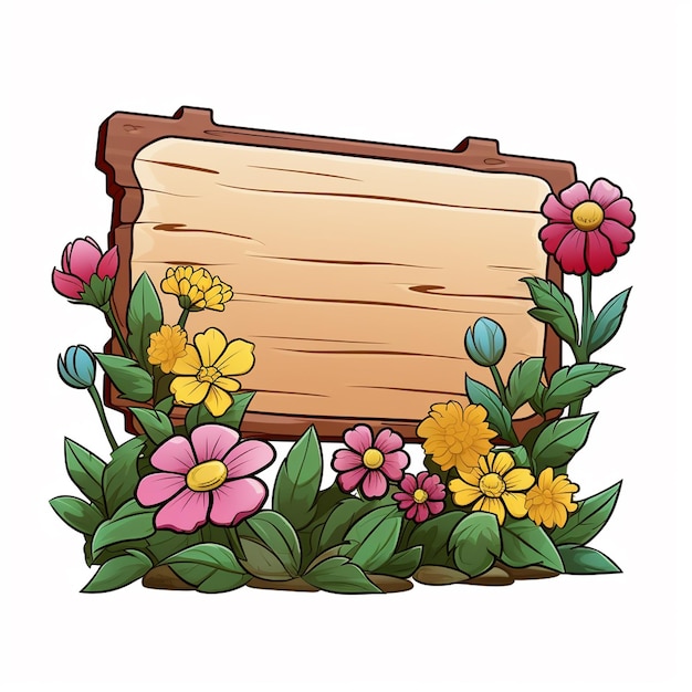 thin sign single wooden base with flowers no message cartoon style white background