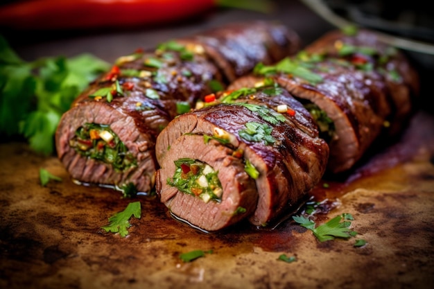 Thin slices of flank steak rolled up with a cilantr