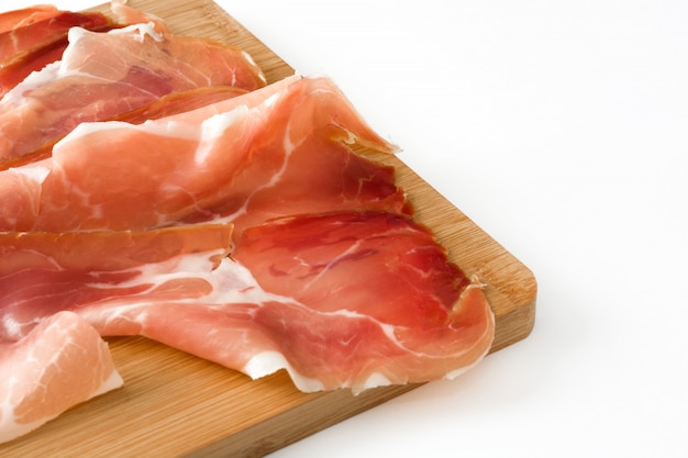 Thin slices of spanish serrano ham isolated on white surface