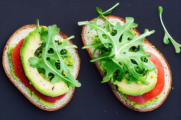 Photo thin toast with avocado liberally sprinkled with useful microgreens