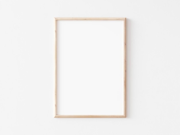 Photo thin vertical wooden frame on white wall 3d illustration