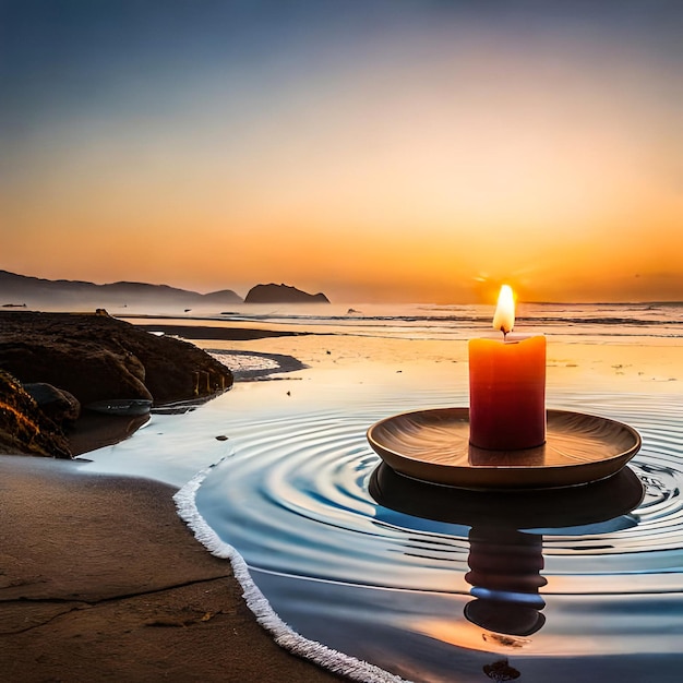 A thin wax candle with a small lit flame with a background Candles on an old table Beautiful dark