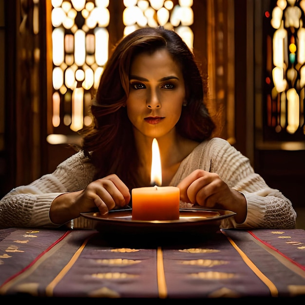 Photo a thin wax candle with a small lit flame with a background candles on an old table beautiful dark