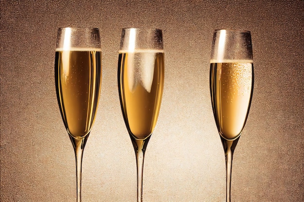 Thin wine glasses of golden color with champagne bubbles on
beige background