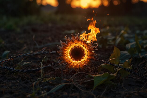 Photo a thin wire tangled tightly around shiny ivy a falling sunflower lying on the ground under the sunset