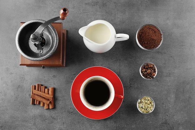 Things for preparing coffee on grey background