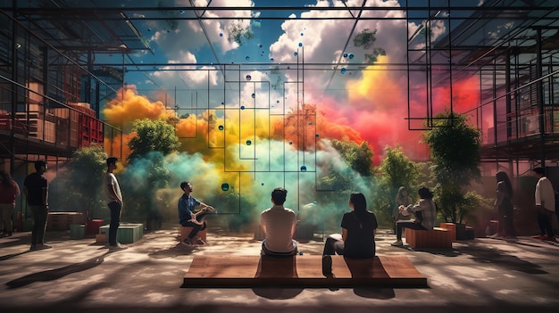 Foto pensare in modo creativo e al di là della scatola le persone sono circondate da nuvole vibranti nella serra ai generativa