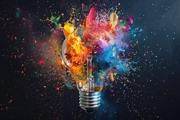 Think Differently Creative Light Bulb Explodes with Colourful Paint and Splashes on Black