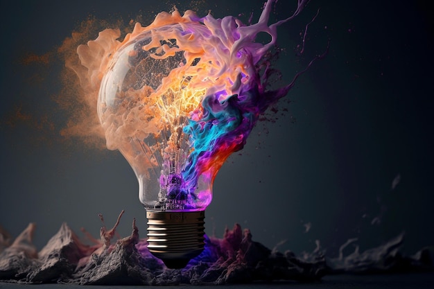 Think differently and out of the box concept idea Light bulb lamp explodes with colorful ink paint