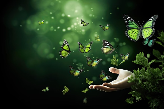 Think Green Concept with Hand and Butterfly Design on Beautiful Green Background Ecofriendly