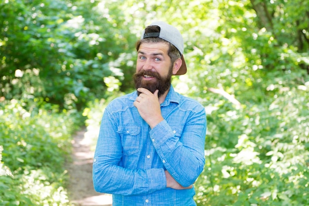 Think Outside Bearded man casual style ready for camping male happy tourist wear cap sport and fitness clothes Confident and handsome brutal man brutal caucasian hipster with moustache