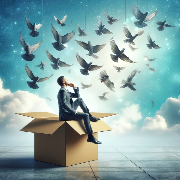 Think outside the box concept Businessman with free birds flying out of square box