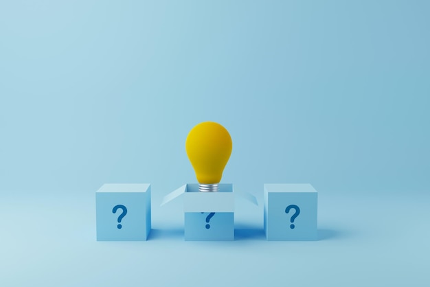 Think outside the box concept Light bulb floating out the box with question mark on box 3d illustration