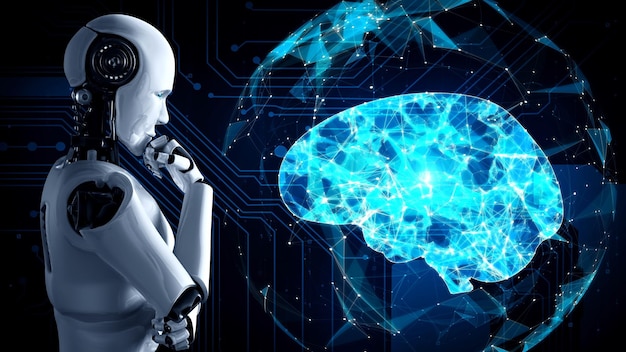 AI の概念を示すホログラム画面を分析する思考 AI 人型ロボット