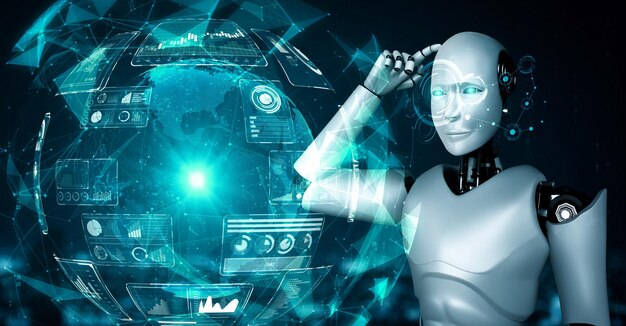 ホログラム画面を分析する思考 AI 人型ロボットがネットワークの概念を示す