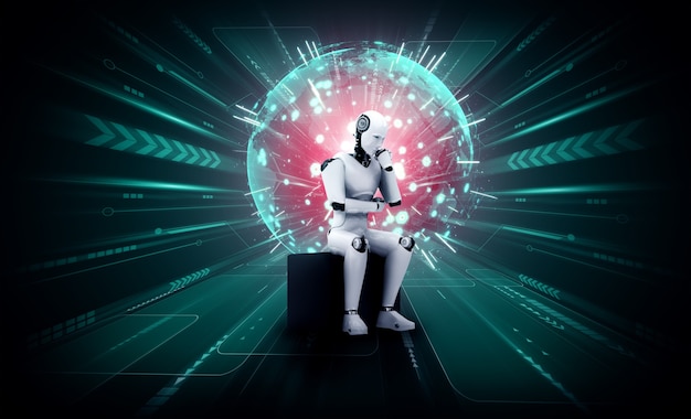 Thinking AI humanoid robot analyzing hologram screen shows concept of network