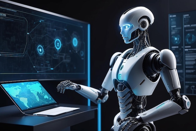 Thinking ai humanoid robot analyzing hologram screen shows concept of network