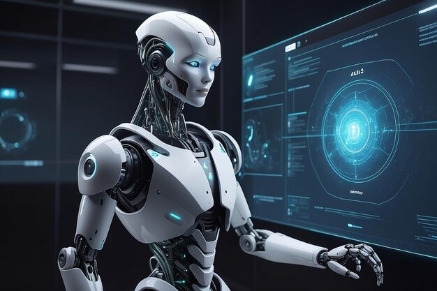 Thinking ai humanoid robot analyzing hologram screen shows concept of network