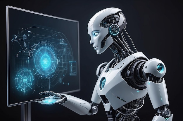 Thinking ai humanoid robot analyzing hologram screen shows concept of network