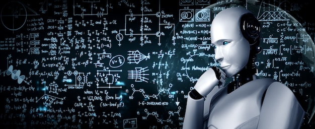 Robot umanoide di pensiero ai che analizza la schermata della formula matematica e dell'equazione scientifica