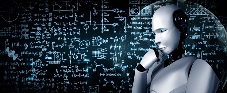 Photo thinking ai humanoid robot analyzing screen of mathematics formula and science equation