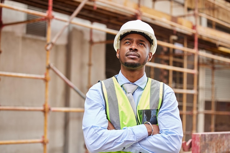 Photo thinking architect and black man at construction site for planning creative or vision outdoor in city serious engineer professional and idea for building problem solving or property development