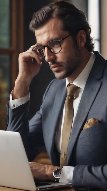 Thinking businessman sitting at desk using laptop