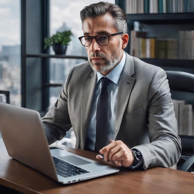 Thinking businessman sitting at desk using laptop