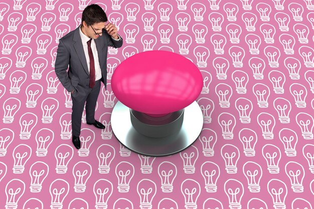 Photo thinking businessman touching his glasses against pink graphic background