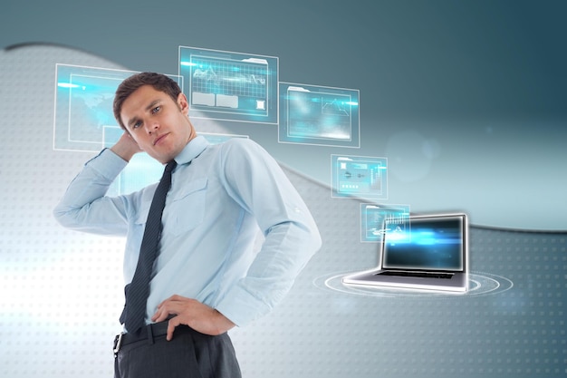 Thinking businessman with hand on head against wave on futuristic background