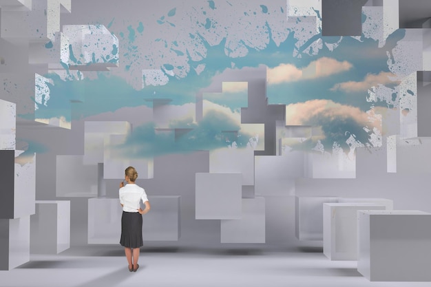 thinking businesswoman against splash showing cloudy sky
