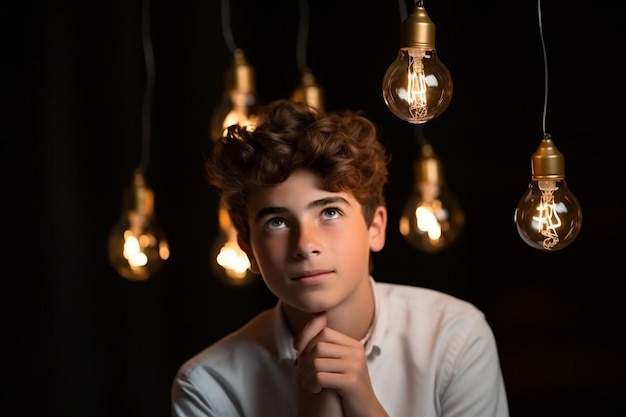 Фото Думающий ребенок-мальчик на черном фоне с лампочкой и вопросительными знаками мозговой штурм и идея